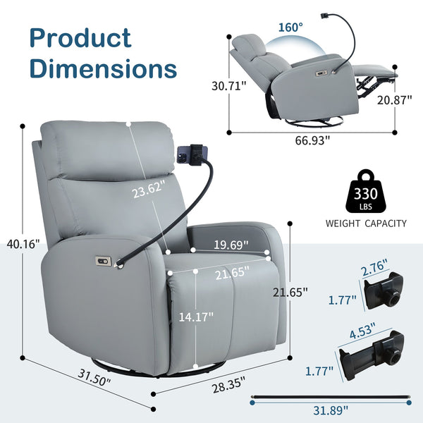 English Elm 270° 270° Power Swivel Recliner Chair with USB Ports, 30° Rocking, 95–150° Recline for Small Spaces Blue Gray W1028S00040