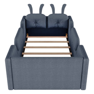 English Elm Twin Kids Platform Bed Teddy Fabric Upholstered with Bunny Cushions and Safety Rails Gray W2593P395809