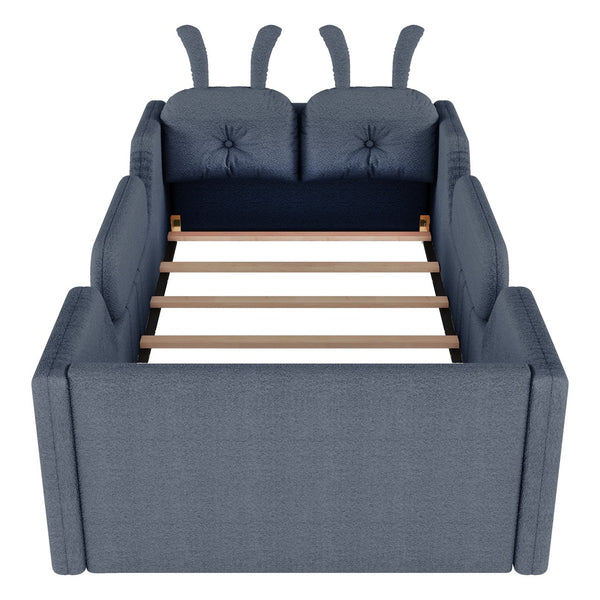 English Elm Twin Kids Platform Bed Teddy Fabric Upholstered with Bunny Cushions and Safety Rails Gray W2593P395809