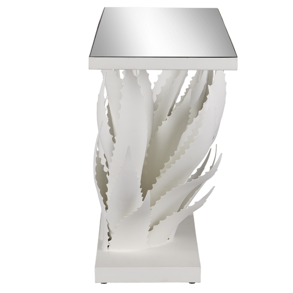 Agave White Console Table - Elegant Wrought Iron Design with Mirrored Top, Nature-Inspired Style