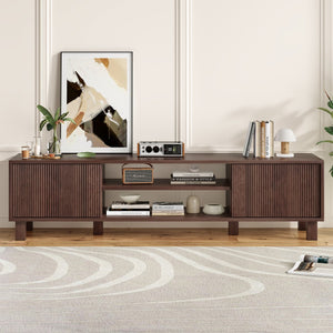 English Elm Modern Low Profile Media Console with Open Shelving and Concealed Cabinet Storage Walnut T3623P435419