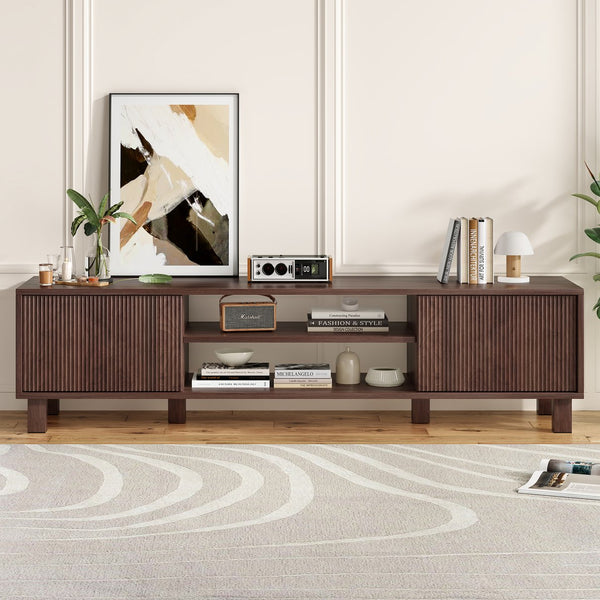English Elm Modern Low Profile Media Console with Open Shelving and Concealed Cabinet Storage Walnut T3623P435419