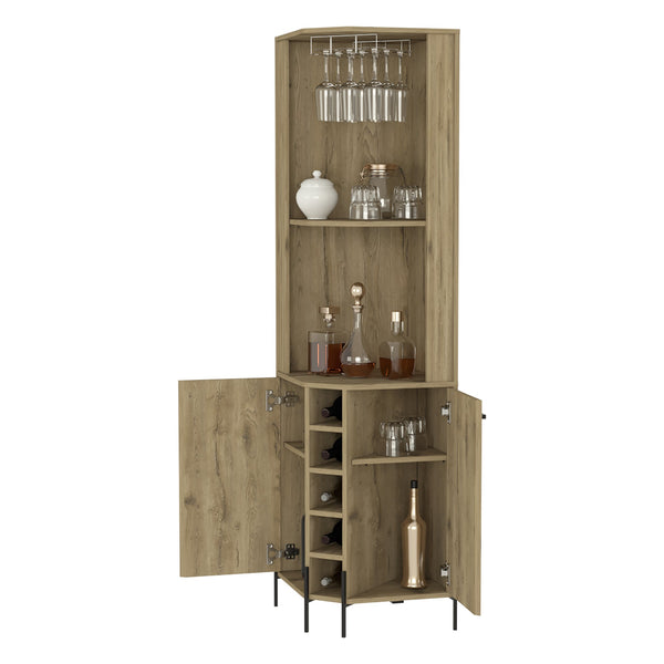 English Elm Reese Corner Bar Cabinet with Wine Rack Stemware Storage and Paneled Double Doors B128S00157
