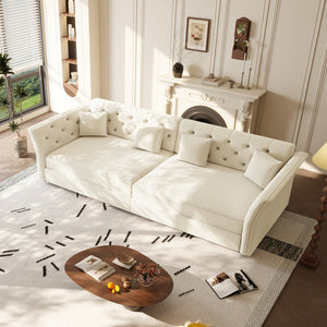 English Elm 100" Oversized Velvet Sleeper Sofa with Floral Tufted Cushions for Living Room Beige+White W1885S00301