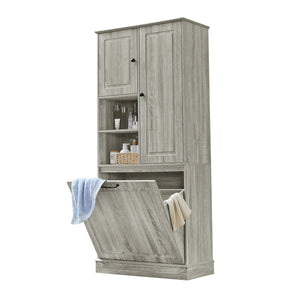 English Elm Tall Storage Cabinet with Flip-Out Basket, Adjustable Shelves & Aluminum Handles for Organized Living Oak N725P322739L
