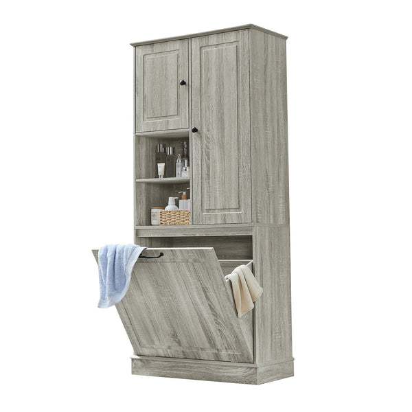 English Elm Tall Storage Cabinet with Flip-Out Basket, Adjustable Shelves & Aluminum Handles for Organized Living Oak N725P322739L