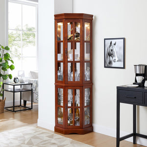 English Elm Corner Curio Cabinet with 5 Shelves and Built-In Lighting, Glass Display Case for Home Décor and Collectibles, Space-Saving Corner Accent (47x21x10.75) Walnut W1693P183978