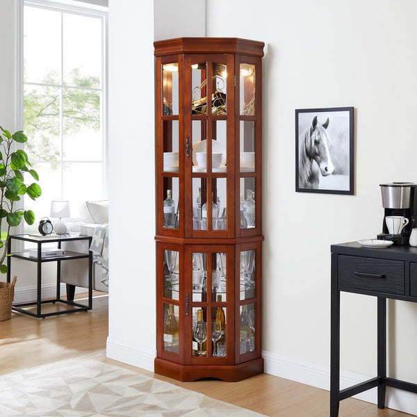 English Elm Corner Curio Cabinet with 5 Shelves and Built-In Lighting, Glass Display Case for Home Décor and Collectibles, Space-Saving Corner Accent (47x21x10.75) Walnut W1693P183978