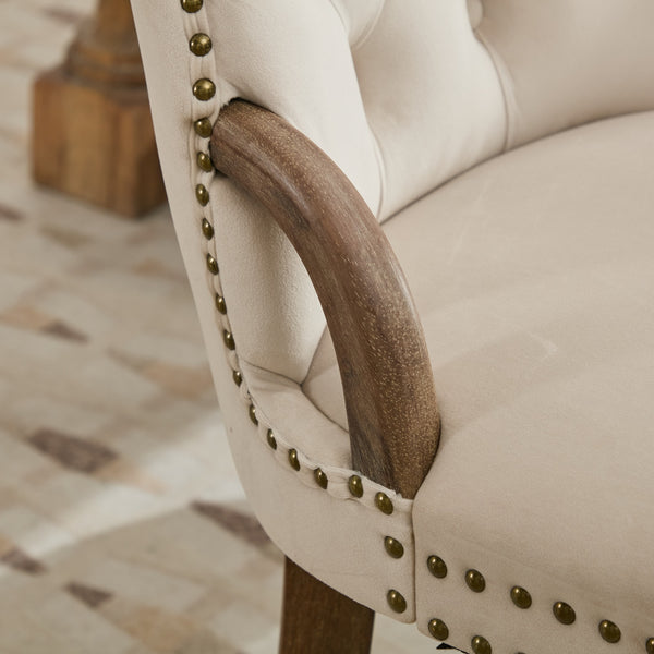 English Elm Velvet Hand-Tufted Dining Chair with Solid Wood Handles and Curved Legs, Vintage Copper Accents Beige W1143P338140