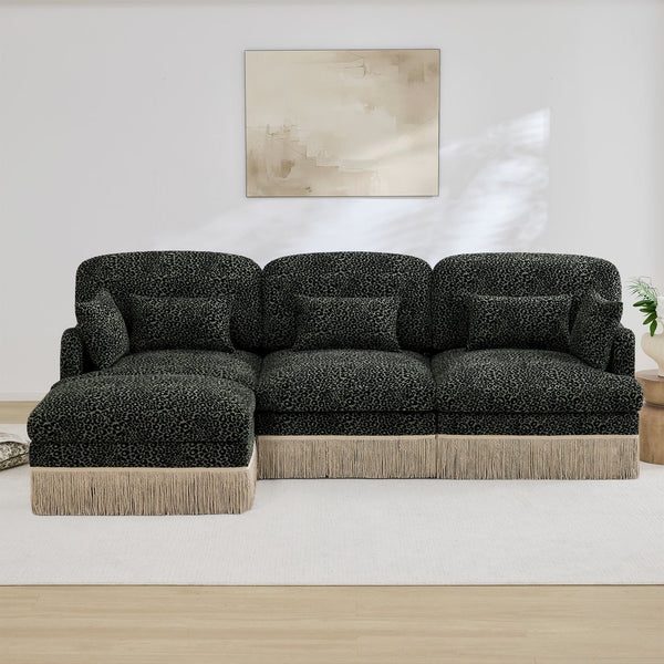 English Elm 100"comfy Chenille Leopard Print Sectional Sofa with Tassel Trim and Movable Ottoman Green W5656S00032
