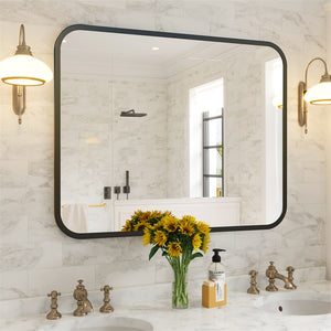 English Elm Black Bathroom Wall Mirror 40x32" Rectangle with Rounded Corners, Anti-Rust Aluminum Frame, Shatterproof Glass T3177P296179