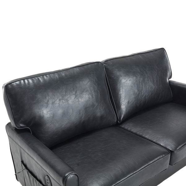 English Elm Loveseat Mid Century Modern Two-Seater Sofa with USB Type-C Charging, Removable Zipper Covers, Durable Wood Legs Black PU W395P238820