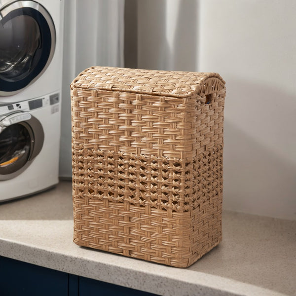 English Elm Monica Brown Rectangular Woven Resin Wicker Laundry Hamper with Curved Lid, 96L Capacity, Sturdy Rustic Style B093P401285