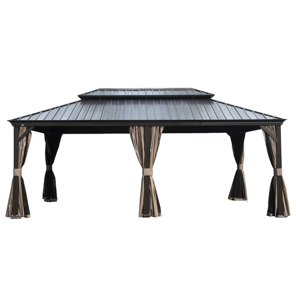 English Elm 12' X 18' Hardtop Gazebo with Drainage, Dual-Layer Galvanized Roof, Curtains, Netting, Durable Shelter W1859S00144