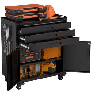 English Elm 34.3" Rolling Steel Tool Cabinet with 3 Drawers Lockable Doors and Pegboard Side Panels T2398P442672