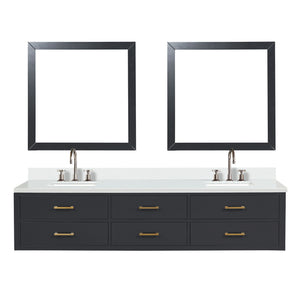 English Elm Black Double Bath Vanity 84" W X 22" D With White Quartz Top, Chrome Faucets & Matching Mirrors Set B2731S01849