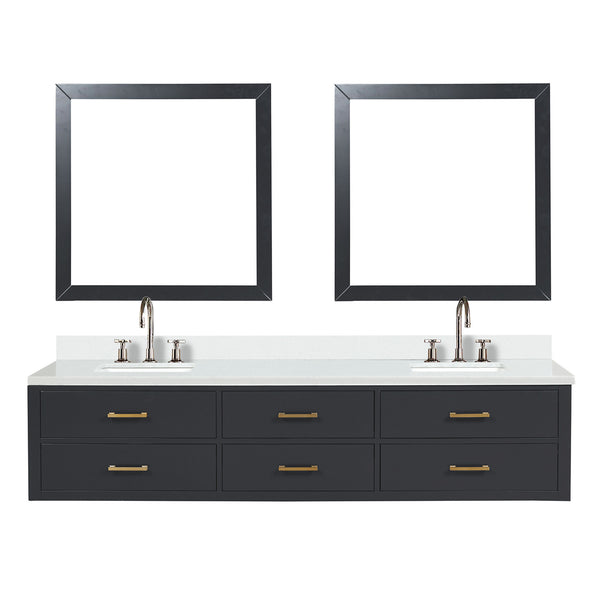 English Elm Black Double Bath Vanity 84" W X 22" D With White Quartz Top, Chrome Faucets & Matching Mirrors Set B2731S01849