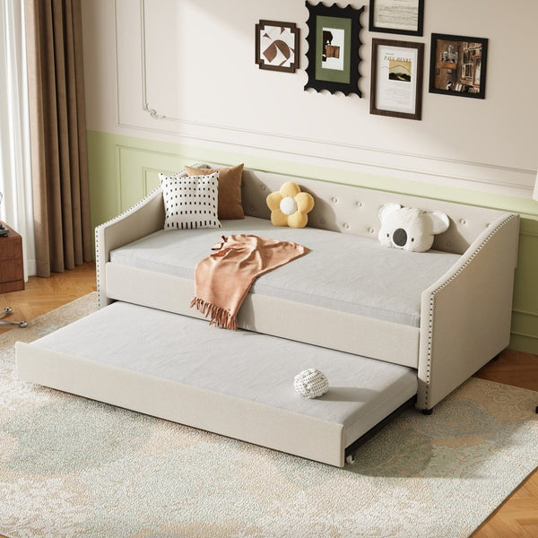 English Elm Twin Size Daybed With Trundle - Elegant Beige Upholstery, Durable Frame & Button-Tufted Design W2336S00035-GIGA