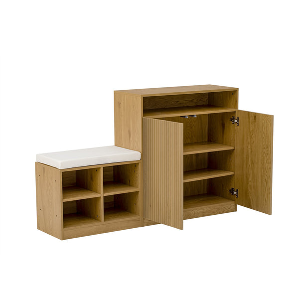 English Elm U_style Entryway Console Set with Wavy Doors Cushioned Bench and Adjustable Shoe Storage N711P345166O