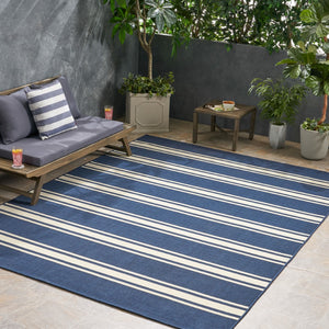 Christopher Knight Home® - Noble House - Cabana Outdoor 7'10" X 10' Stripe Area Rug, Navy and Ivory