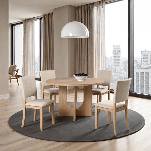 English Elm Contemporary Round Pedestal Dining Set with Upholstered Chairs for Modern Interiors Natural B2741S00781
