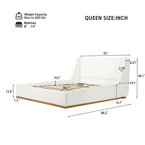 English Elm Luxury Wingback Queen Bed Padded Rubberwood Frame Splash Resistant White Upholstery N769Q393037W