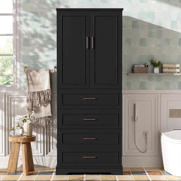 English Elm 72.2'' Tall Freestanding Bathroom Cabinet with 3 Drawers, Adjustable Shelf, Soft-Close Doors, Modern Elegant Design Black N729P296769B
