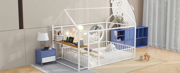 English Elm Full Size Metal House Bed Frame with Desk, Shelves, USB Power Ports & Playful Roof for Kids Room Delight White N737P173491K