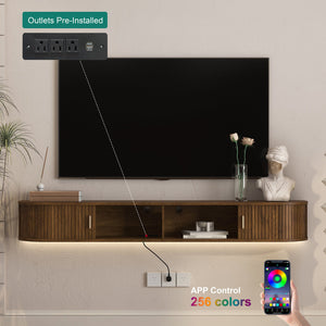 English Elm Floating Wall Mounted Media Console with Led Backlighting Mid-century Curved Design Brown W1321P476922