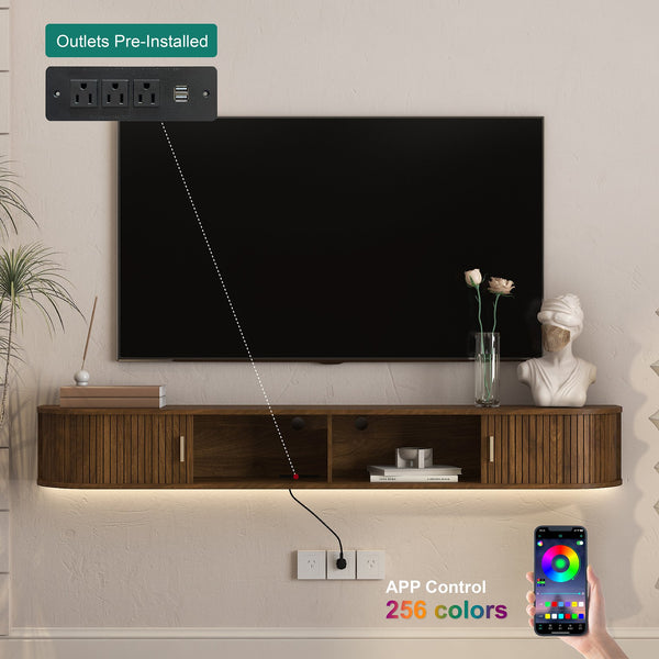 English Elm Floating Wall Mounted Media Console with Led Backlighting Mid-century Curved Design Brown W1321P476922
