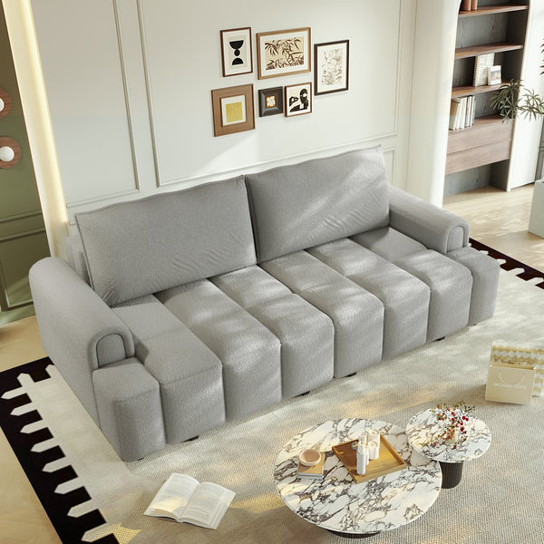 English Elm 90.2" Plush Teddy Fabric Convertible Sleeper Sofa with Hidden Storage for Living Room Light Grey W1885S00312