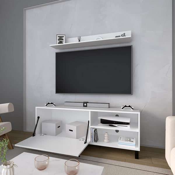 English Elm White TV Stand Compact 1-Door with Open Storage, Pneumatic Height Adjustment, Crisp White Finish and Timeless Design B062P323170