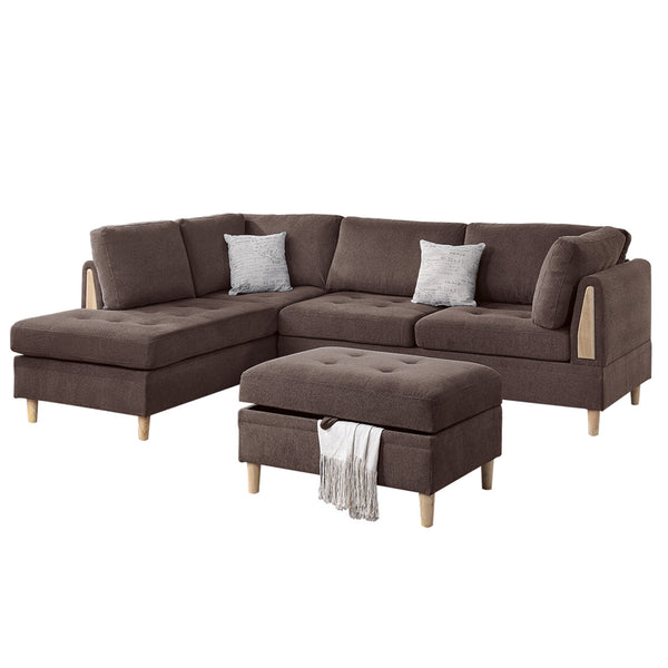 English Elm 3 Piece Sectional Set Reversible Chaise & Storage Ottoman in Chocolate Chenille with Tufted Cushions and Pillows B089S00179