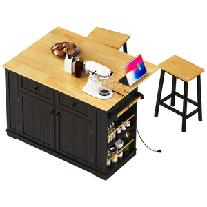 English Elm K&K 48in Kitchen Island Set with 2 Stools, Built-In Power Station, Drop Leaf & Ample Storage Space Black N707S000015B