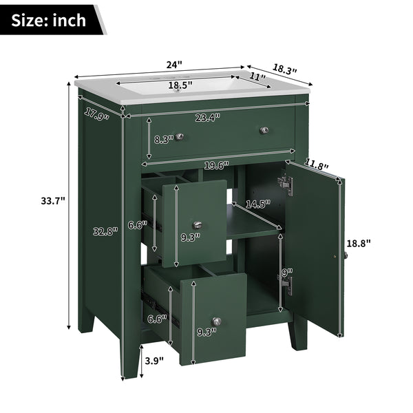 English Elm 24" Modern Bathroom Vanity with Ceramic Basin, French Country Cross-Grid Design & Soft-Close Drawers Green N710P280655F