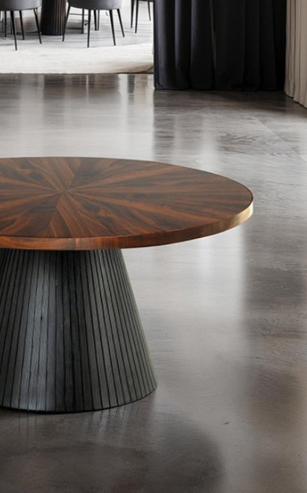 English Elm Contemporary Round Coffee Table With Parquet Top And Textured Black Drum Base For Modern Living Spaces B2741S00623