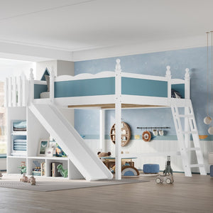 English Elm Queen Loft Bed With Storage Shelves, Fun Detachable Slide, Solid Wood Design, Blue & White Finish W1580S00249-GIGA