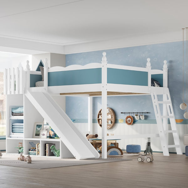 English Elm Queen Loft Bed With Storage Shelves, Fun Detachable Slide, Solid Wood Design, Blue & White Finish W1580S00249-GIGA