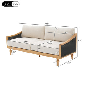 English Elm Mid-century Loveseat with Rattan Armrests Chenille Upholstery and Rubberwood Legs N763P379762Z