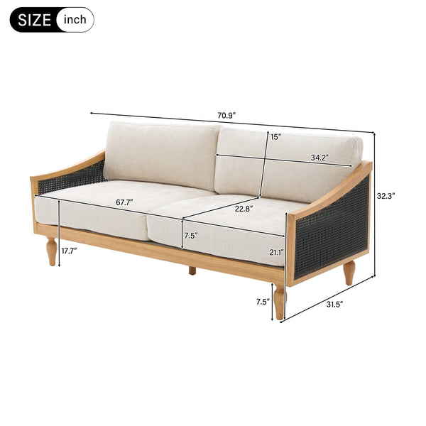 English Elm Mid-century Loveseat with Rattan Armrests Chenille Upholstery and Rubberwood Legs N763P379762Z