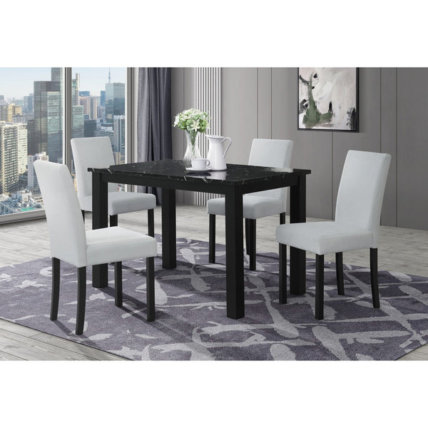 English Elm Sarang Faux Marble Black Dining Table with 4 Silver Padded Chairs — Solid Wood MDF, Sturdy Craftsmanship B201P359580