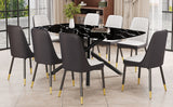 English Elm 1 Table and 8 Chairs Set.A Rectangular Dining Table With A Imitation Marble Black Table Top and Black Metal Legs.Paired With 8 Chairs With Pu Leather Seat Cushion and Black Metal Legs.F-1537,C-007