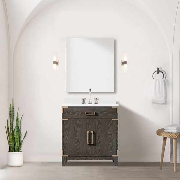 English Elm Brown Oak Single Bath Vanity With White Quartz Countertop & 28" Mirror – Elegant Storage Solution B2731S01454