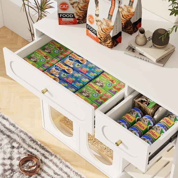 English Elm Cat Litter Box Cabinet with Led Lighting Acrylic Doors and Drawer Storage End Table White N704P402444K
