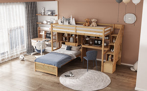 English Elm Twin Over Twin Loft Bed with Built-In Desk, Stairs, Shelving and Storage Headboard for Space-Saving Rooms Natural GX000465AAN