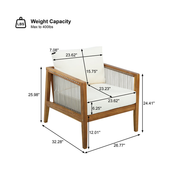 English Elm Outdoor Acacia Wood Club Chairs Set of 2 with Rope Back and Weather Resistant Cushions Beige,Teak N768P408130T_2