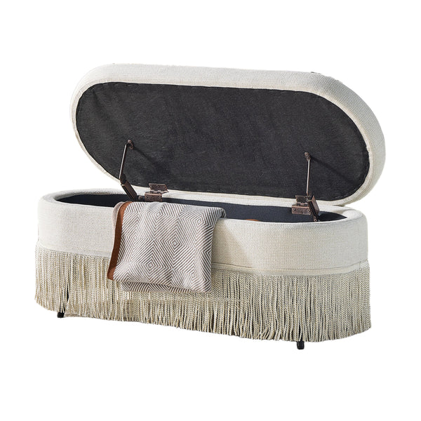 English Elm Oval Fringe Trim Upholstered Lift Top Storage Ottoman Stylish Footrest for Any Room Beige W5501P462403