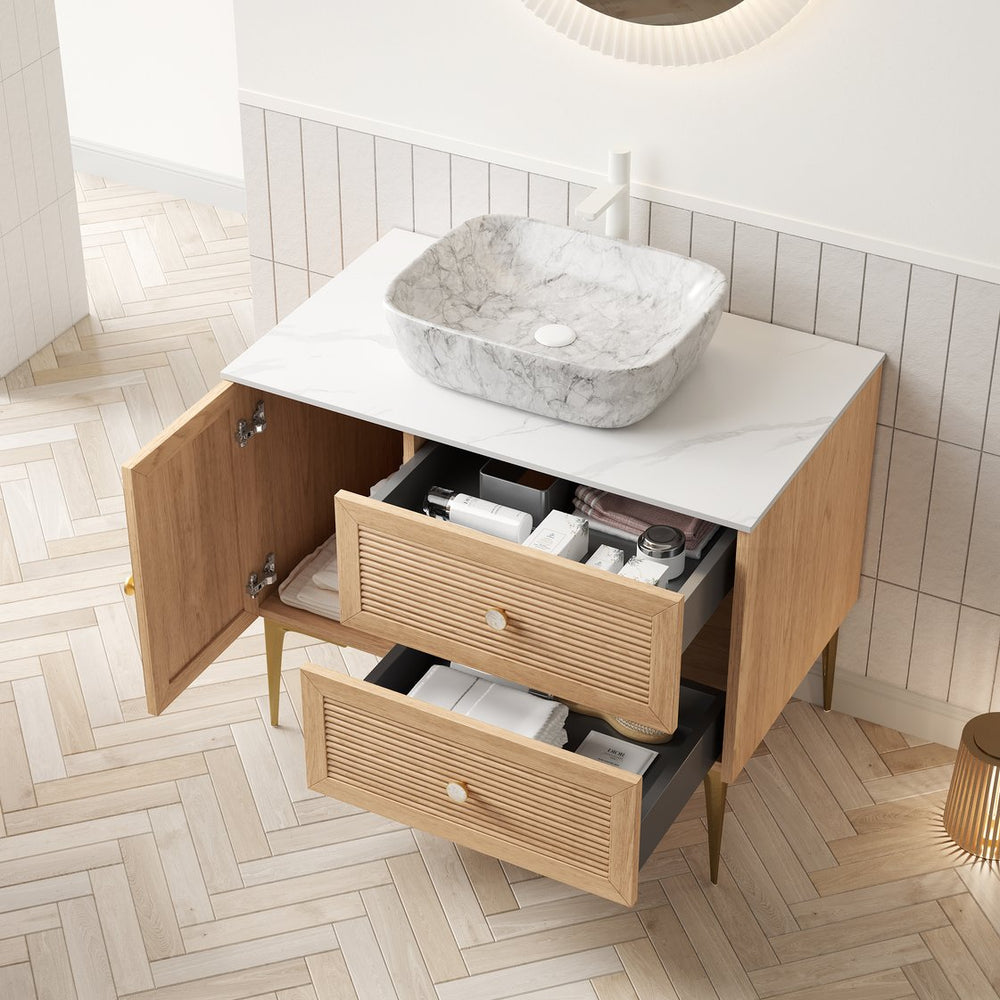 English Elm Dina Floating Bathroom Vanity Sintered Stone Top Glass Basin Striped Plywood Cabinet W2615S00468