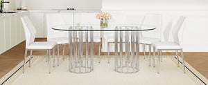 English Elm Table Set Oval Tempered Glass Top Silver Twin Column Base with Six Pu Dining Chairs W1151S04744