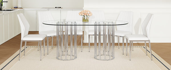 English Elm Table Set Oval Tempered Glass Top Silver Twin Column Base with Six Pu Dining Chairs W1151S04744